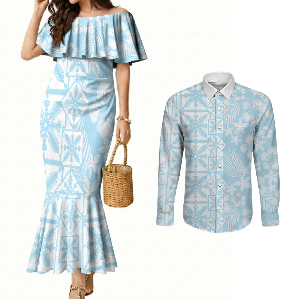 Pastel Blue Kahili Quilt Hawaii Couples Matching Mermaid Dress and Long Sleeve Button Shirt Tropical Flower Seamless Half Style LT14 Blue - Polynesian Pride