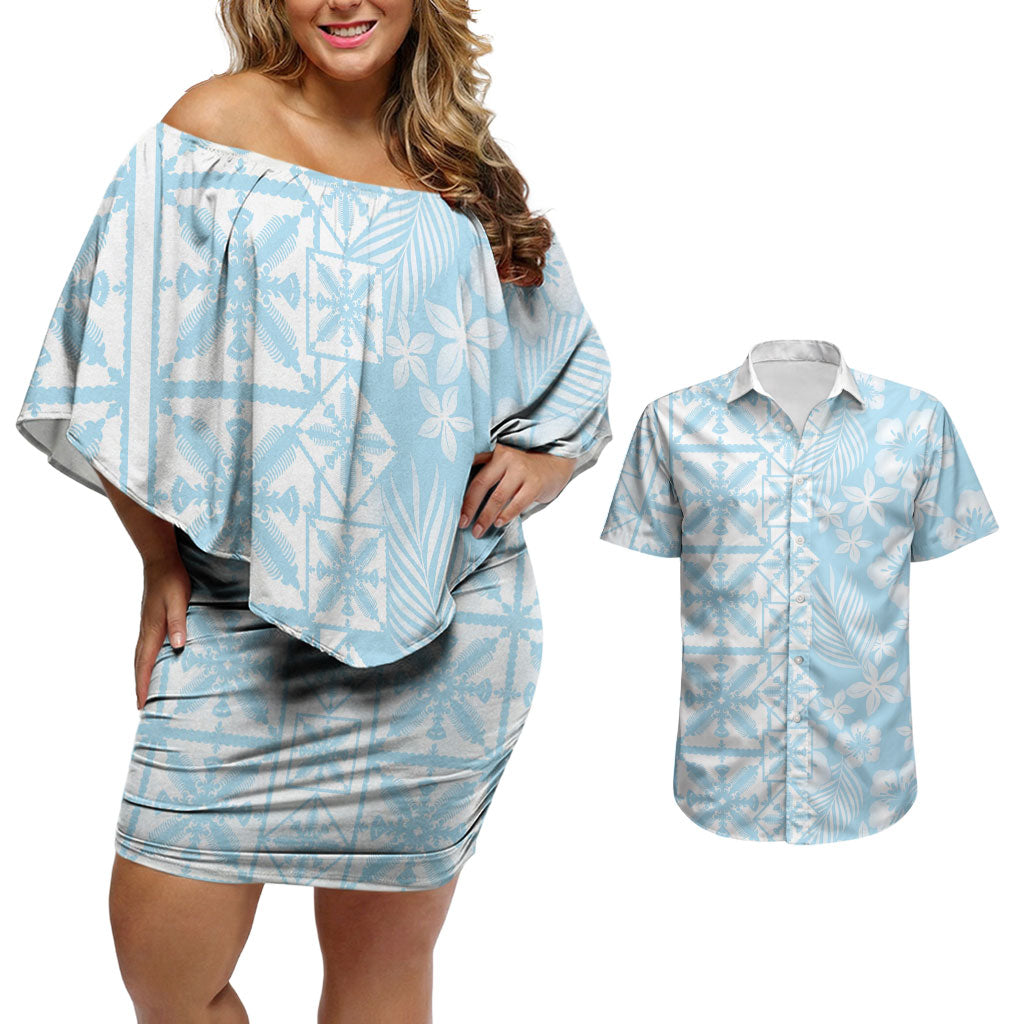 Pastel Blue Kahili Quilt Hawaii Couples Matching Off Shoulder Short Dress and Hawaiian Shirt Tropical Flower Seamless Half Style LT14 Blue - Polynesian Pride