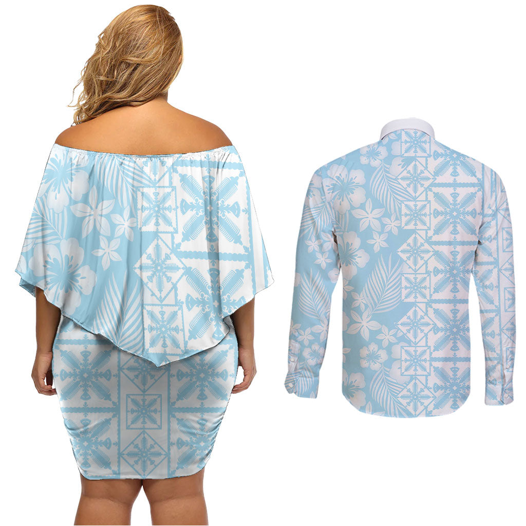 Pastel Blue Kahili Quilt Hawaii Couples Matching Off Shoulder Short Dress and Long Sleeve Button Shirt Tropical Flower Seamless Half Style