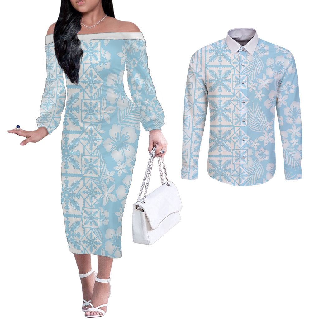 Pastel Blue Kahili Quilt Hawaii Couples Matching Off The Shoulder Long Sleeve Dress and Long Sleeve Button Shirt Tropical Flower Seamless Half Style LT14 Blue - Polynesian Pride