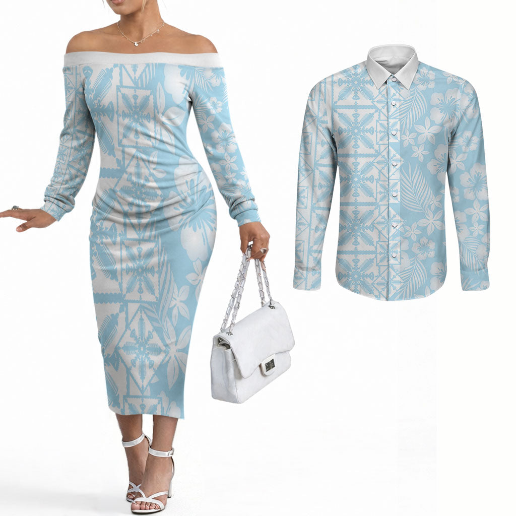 Pastel Blue Kahili Quilt Hawaii Couples Matching Off The Shoulder Long Sleeve Dress and Long Sleeve Button Shirt Tropical Flower Seamless Half Style LT14 Blue - Polynesian Pride