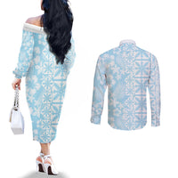 Pastel Blue Kahili Quilt Hawaii Couples Matching Off The Shoulder Long Sleeve Dress and Long Sleeve Button Shirt Tropical Flower Seamless Half Style LT14 - Polynesian Pride