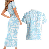 Pastel Blue Kahili Quilt Hawaii Couples Matching Short Sleeve Bodycon Dress and Hawaiian Shirt Tropical Flower Seamless Half Style LT14 - Polynesian Pride