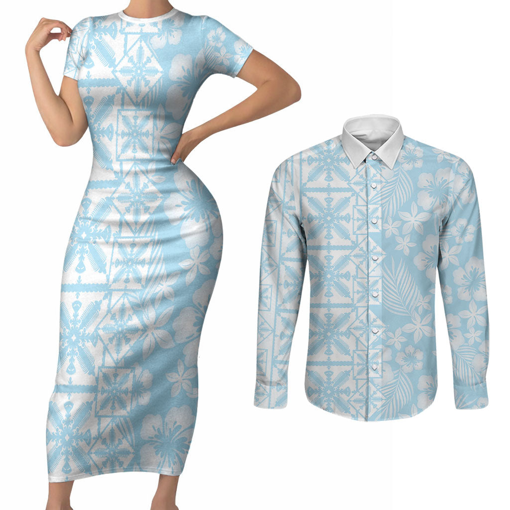 Pastel Blue Kahili Quilt Hawaii Couples Matching Short Sleeve Bodycon Dress and Long Sleeve Button Shirt Tropical Flower Seamless Half Style LT14 Blue - Polynesian Pride