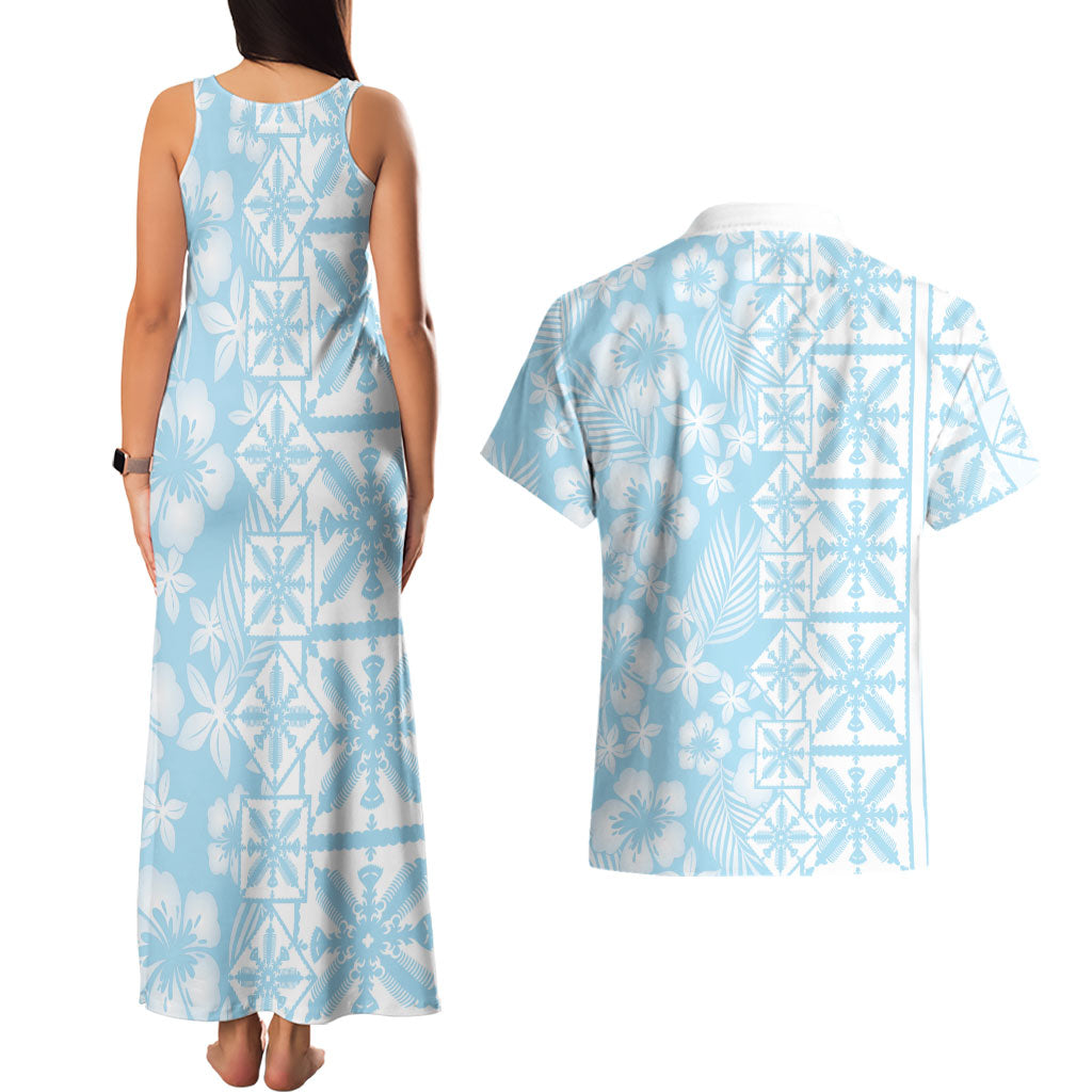 Pastel Blue Kahili Quilt Hawaii Couples Matching Tank Maxi Dress and Hawaiian Shirt Tropical Flower Seamless Half Style LT14 - Polynesian Pride