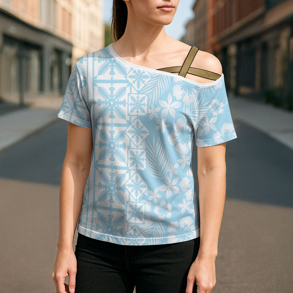 Pastel Blue Kahili Quilt Hawaii Cross Shoulder Shirt Tropical Flower Seamless Half Style