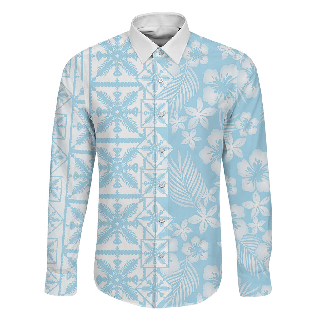 Pastel Blue Kahili Quilt Hawaii Family Matching Mermaid Dress and Hawaiian Shirt Tropical Flower Seamless Half Style LT14 Dad's Shirt - Long Sleeve Blue - Polynesian Pride