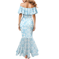 Pastel Blue Kahili Quilt Hawaii Family Matching Mermaid Dress and Hawaiian Shirt Tropical Flower Seamless Half Style LT14 - Polynesian Pride