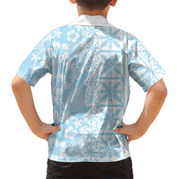 Pastel Blue Kahili Quilt Hawaii Family Matching Off The Shoulder Long Sleeve Dress and Hawaiian Shirt Tropical Flower Seamless Half Style LT14 - Polynesian Pride