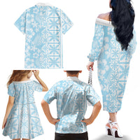 Pastel Blue Kahili Quilt Hawaii Family Matching Off The Shoulder Long Sleeve Dress and Hawaiian Shirt Tropical Flower Seamless Half Style LT14 - Polynesian Pride