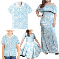 Pastel Blue Kahili Quilt Hawaii Family Matching Off Shoulder Maxi Dress and Hawaiian Shirt Tropical Flower Seamless Half Style LT14 - Polynesian Pride