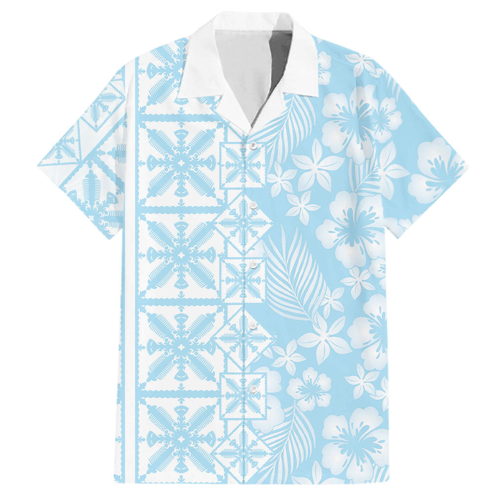 Pastel Blue Kahili Quilt Hawaii Family Matching Off Shoulder Maxi Dress and Hawaiian Shirt Tropical Flower Seamless Half Style LT14 Dad's Shirt - Short Sleeve Blue - Polynesian Pride