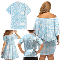 Pastel Blue Kahili Quilt Hawaii Family Matching Off Shoulder Short Dress and Hawaiian Shirt Tropical Flower Seamless Half Style LT14 - Polynesian Pride