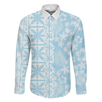 Pastel Blue Kahili Quilt Hawaii Family Matching Off Shoulder Short Dress and Hawaiian Shirt Tropical Flower Seamless Half Style LT14 Dad's Shirt - Long Sleeve Blue - Polynesian Pride