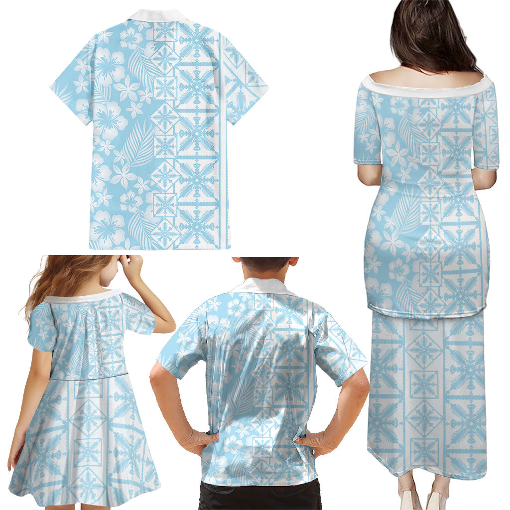 Pastel Blue Kahili Quilt Hawaii Family Matching Puletasi and Hawaiian Shirt Tropical Flower Seamless Half Style LT14 - Polynesian Pride