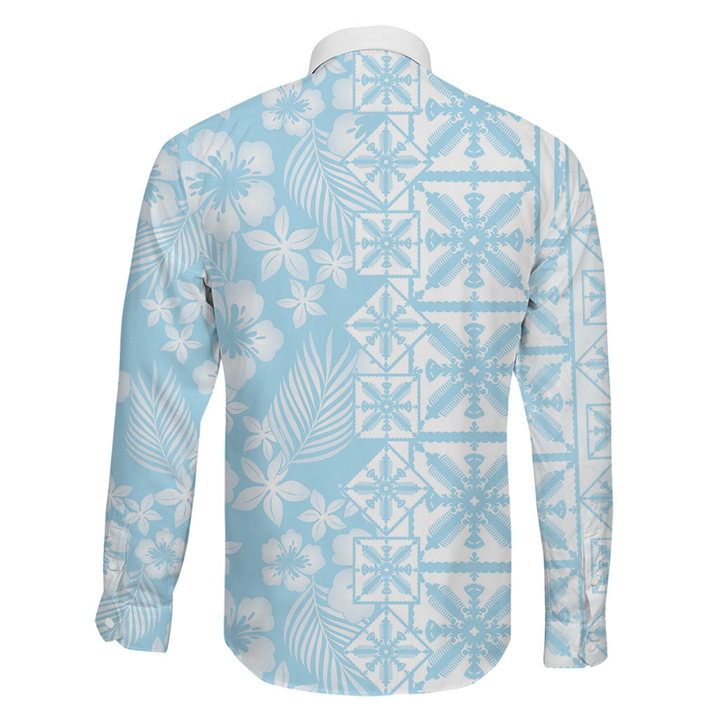 Pastel Blue Kahili Quilt Hawaii Family Matching Puletasi and Hawaiian Shirt Tropical Flower Seamless Half Style LT14 - Polynesian Pride