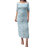 Pastel Blue Kahili Quilt Hawaii Family Matching Puletasi and Hawaiian Shirt Tropical Flower Seamless Half Style LT14 Mom's Dress Blue - Polynesian Pride
