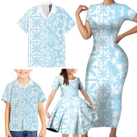 Pastel Blue Kahili Quilt Hawaii Family Matching Short Sleeve Bodycon Dress and Hawaiian Shirt Tropical Flower Seamless Half Style LT14 - Polynesian Pride