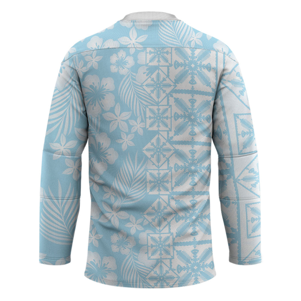 Pastel Blue Kahili Quilt Hawaii Hockey Jersey Tropical Flower Seamless Half Style