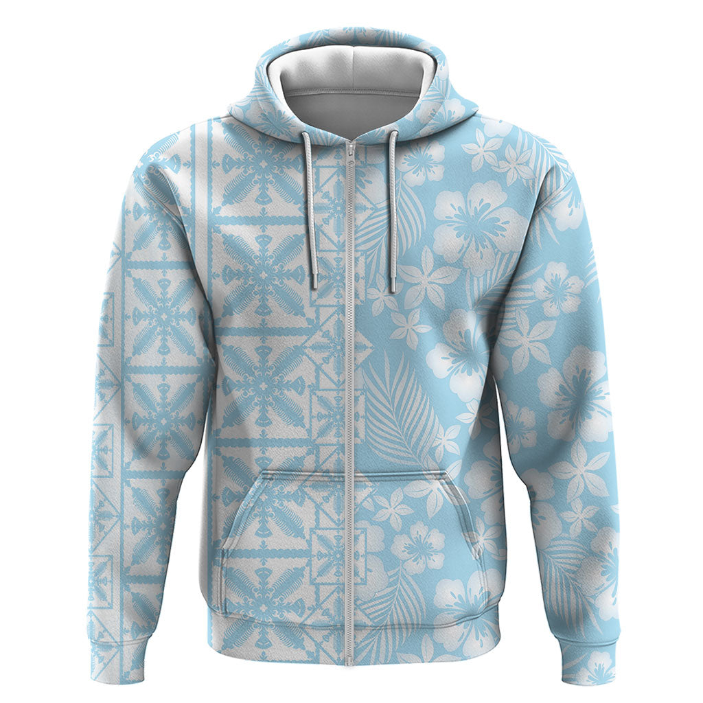 Pastel Blue Kahili Quilt Hawaii Hoodie Tropical Flower Seamless Half Style