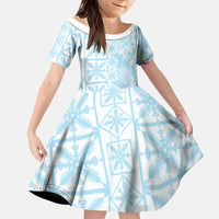 Pastel Blue Kahili Quilt Hawaii Kid Short Sleeve Dress Tropical Flower Seamless Half Style