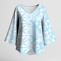 Pastel Blue Kahili Quilt Hawaii Kimono Sleeve Blouse Tropical Flower Seamless Half Style
