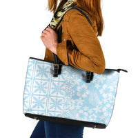 Pastel Blue Kahili Quilt Hawaii Leather Tote Bag Tropical Flower Seamless Half Style