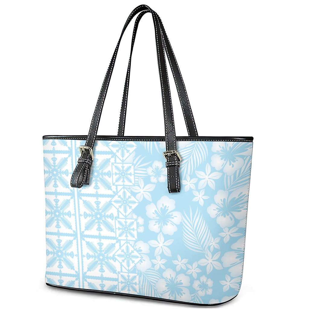 Pastel Blue Kahili Quilt Hawaii Leather Tote Bag Tropical Flower Seamless Half Style