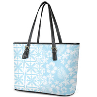 Pastel Blue Kahili Quilt Hawaii Leather Tote Bag Tropical Flower Seamless Half Style