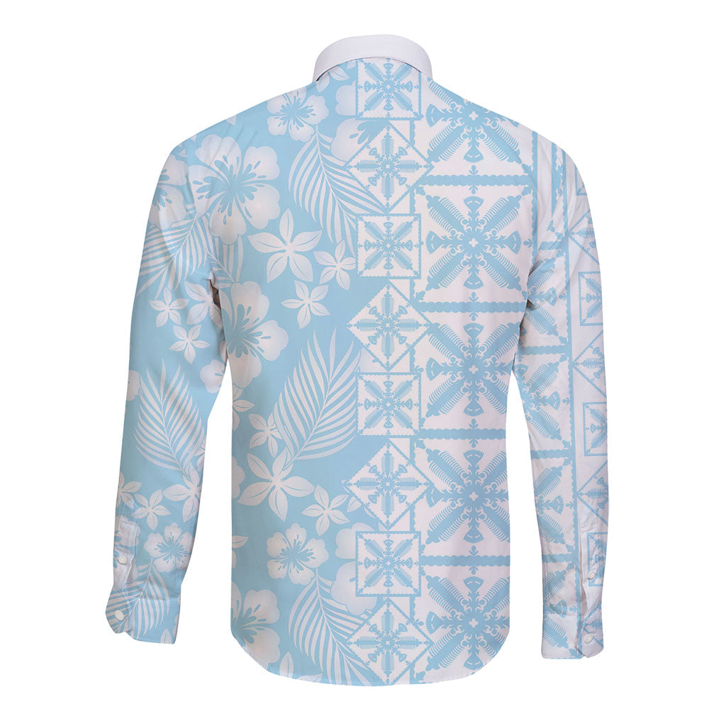 Pastel Blue Kahili Quilt Hawaii Long Sleeve Button Shirt Tropical Flower Seamless Half Style