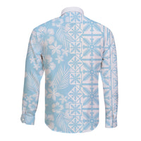Pastel Blue Kahili Quilt Hawaii Long Sleeve Button Shirt Tropical Flower Seamless Half Style