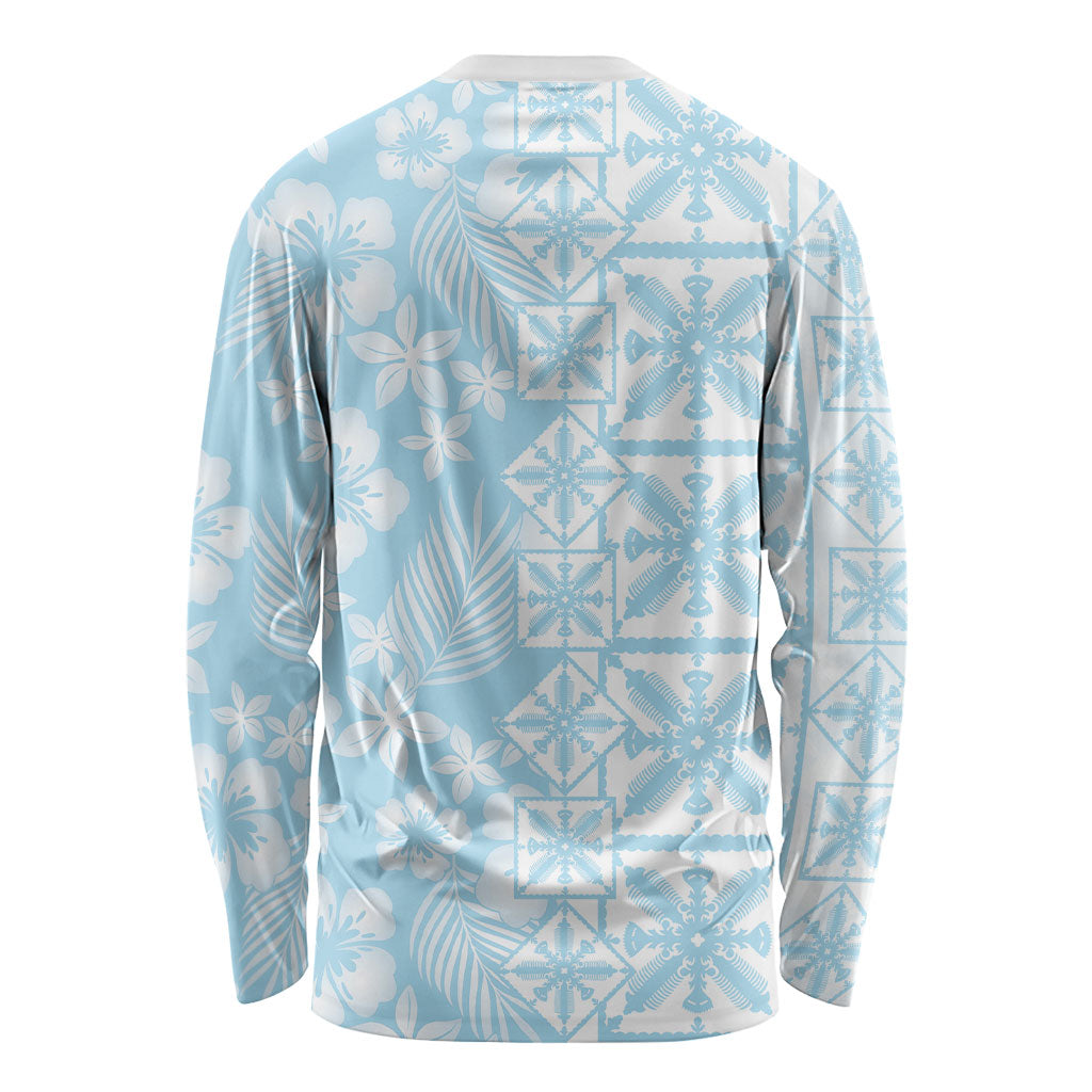 Pastel Blue Kahili Quilt Hawaii Long Sleeve Shirt Tropical Flower Seamless Half Style