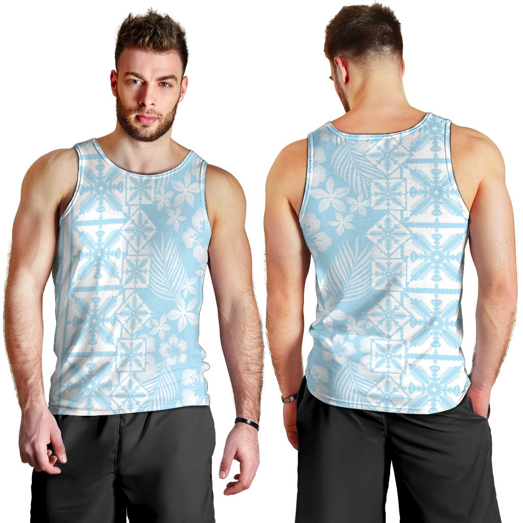 Pastel Blue Kahili Quilt Hawaii Men Tank Top Tropical Flower Seamless Half Style