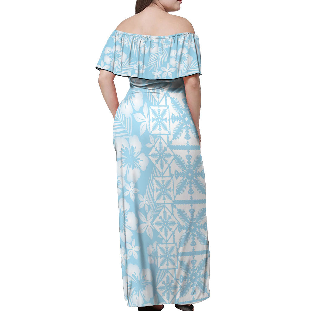 Pastel Blue Kahili Quilt Hawaii Off Shoulder Maxi Dress Tropical Flower Seamless Half Style