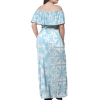Pastel Blue Kahili Quilt Hawaii Off Shoulder Maxi Dress Tropical Flower Seamless Half Style