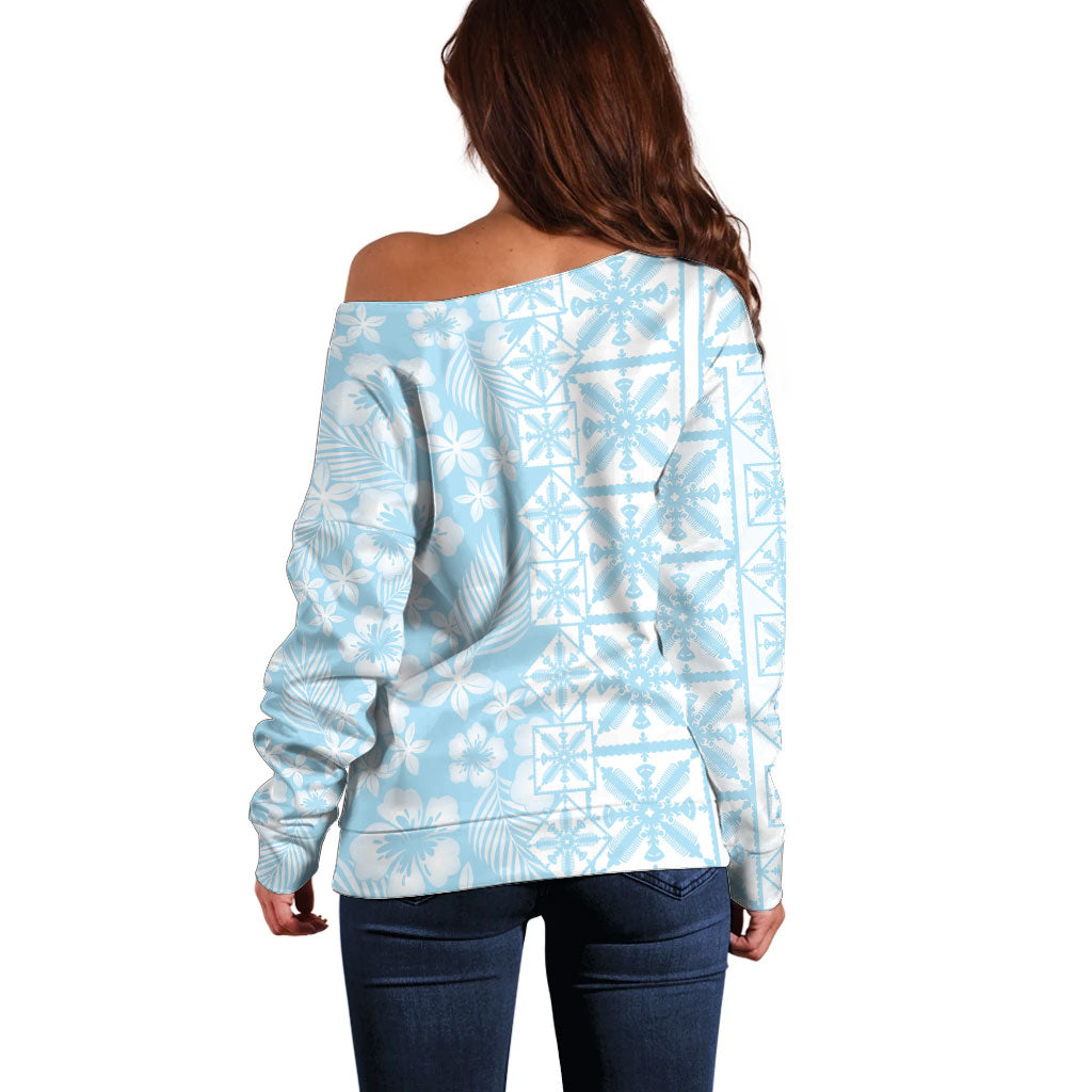 Pastel Blue Kahili Quilt Hawaii Off Shoulder Sweater Tropical Flower Seamless Half Style