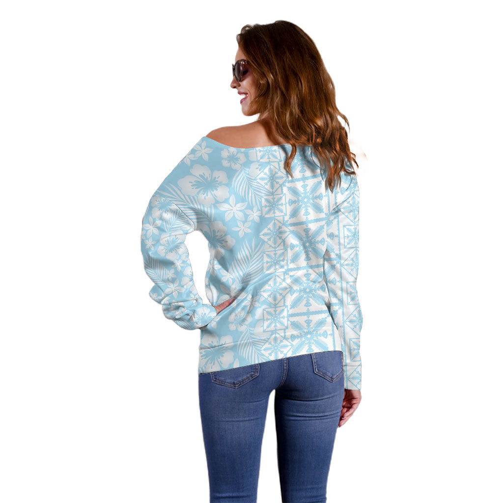 Pastel Blue Kahili Quilt Hawaii Off Shoulder Sweater Tropical Flower Seamless Half Style