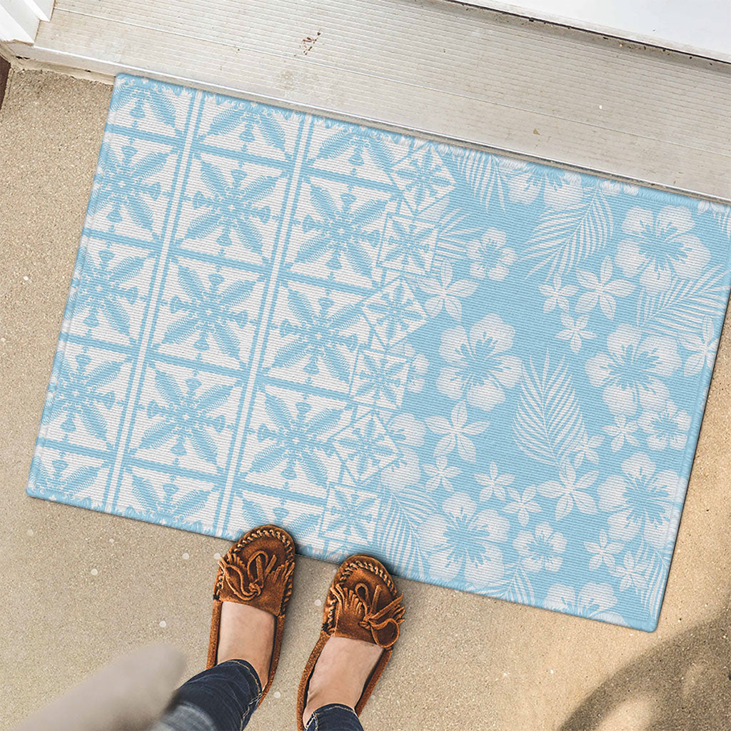 Pastel Blue Kahili Quilt Hawaii Rubber Doormat Tropical Flower Seamless Half Style