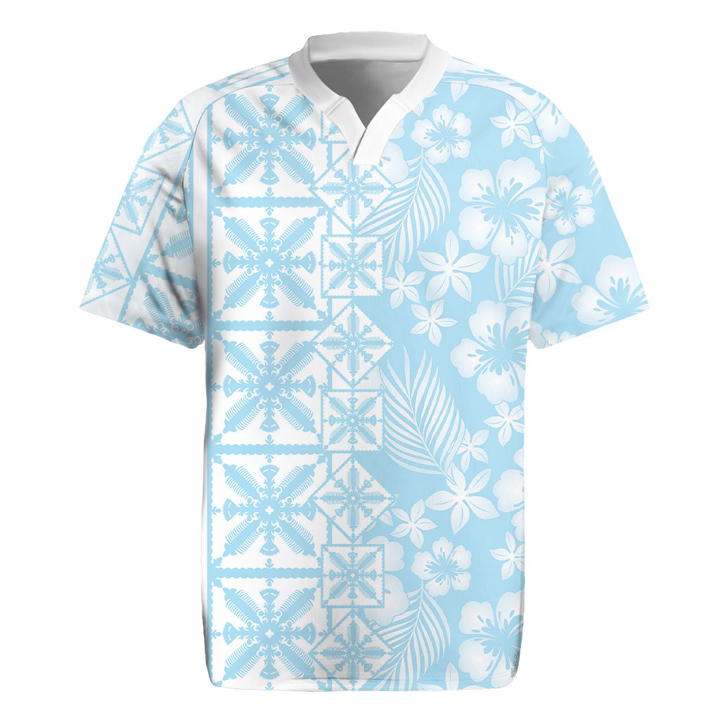Pastel Blue Kahili Quilt Hawaii Rugby Jersey Tropical Flower Seamless Half Style LT14 Blue - Polynesian Pride