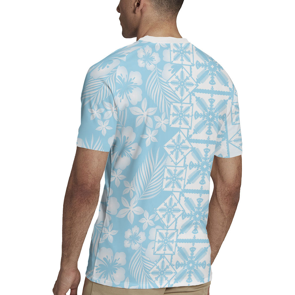 Pastel Blue Kahili Quilt Hawaii Rugby Jersey Tropical Flower Seamless Half Style