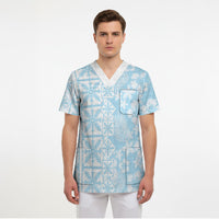 Pastel Blue Kahili Quilt Hawaii Scrub Top Tropical Flower Seamless Half Style