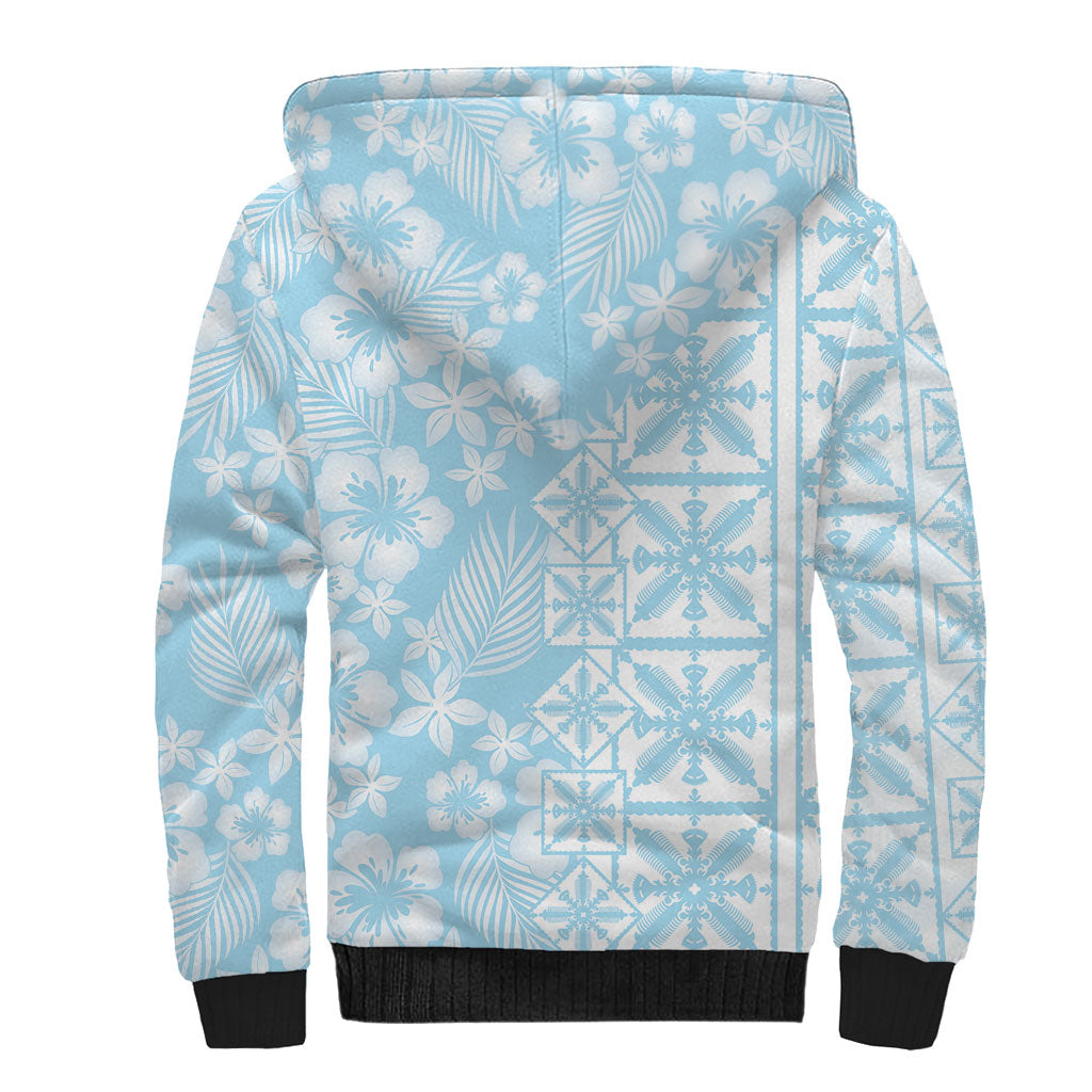 Pastel Blue Kahili Quilt Hawaii Sherpa Hoodie Tropical Flower Seamless Half Style