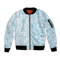 Pastel Blue Kahili Quilt Hawaii Sleeve Zip Bomber Jacket Tropical Flower Seamless Half Style
