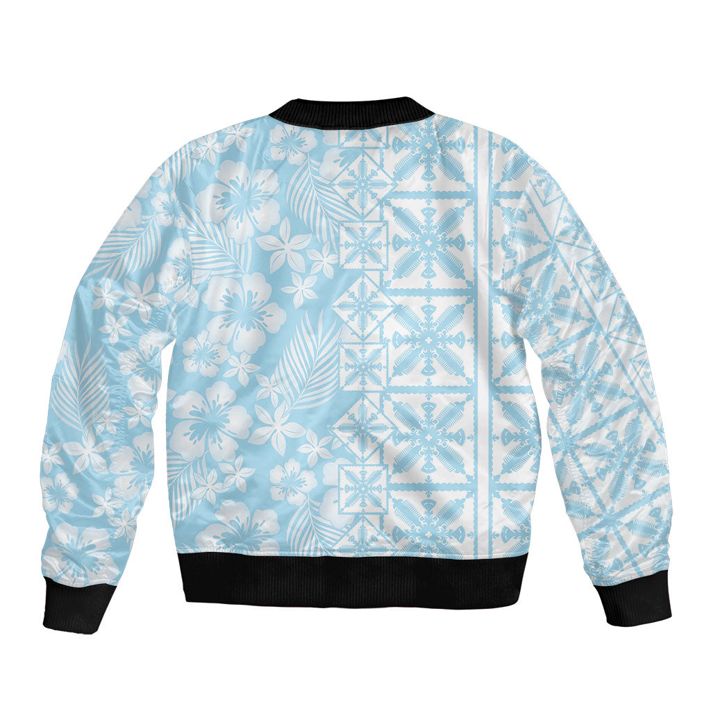 Pastel Blue Kahili Quilt Hawaii Sleeve Zip Bomber Jacket Tropical Flower Seamless Half Style