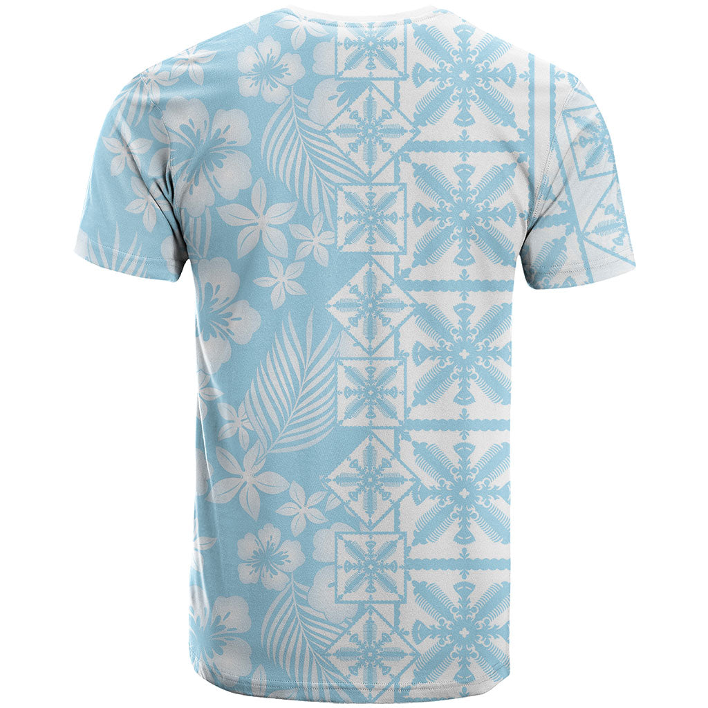 Pastel Blue Kahili Quilt Hawaii T Shirt Tropical Flower Seamless Half Style
