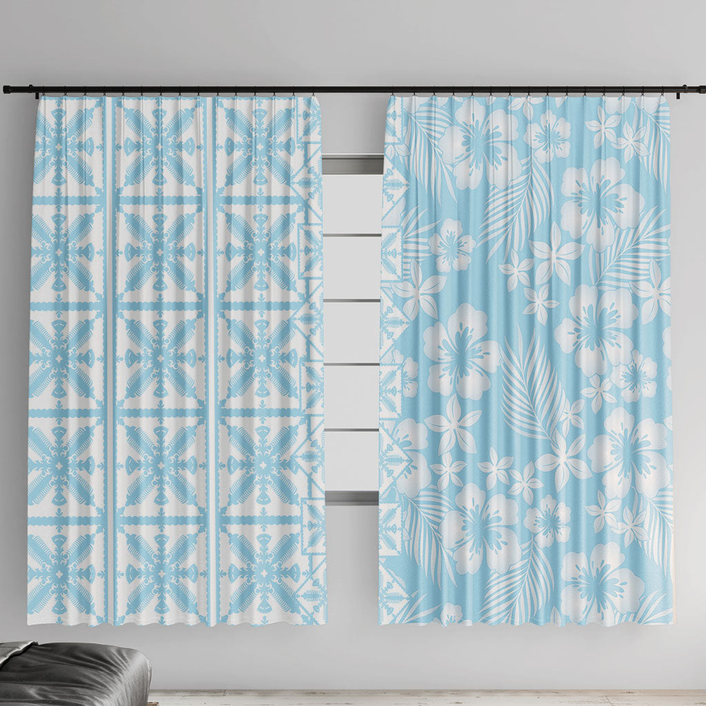 Pastel Blue Kahili Quilt Hawaii Window Curtain Tropical Flower Seamless Half Style