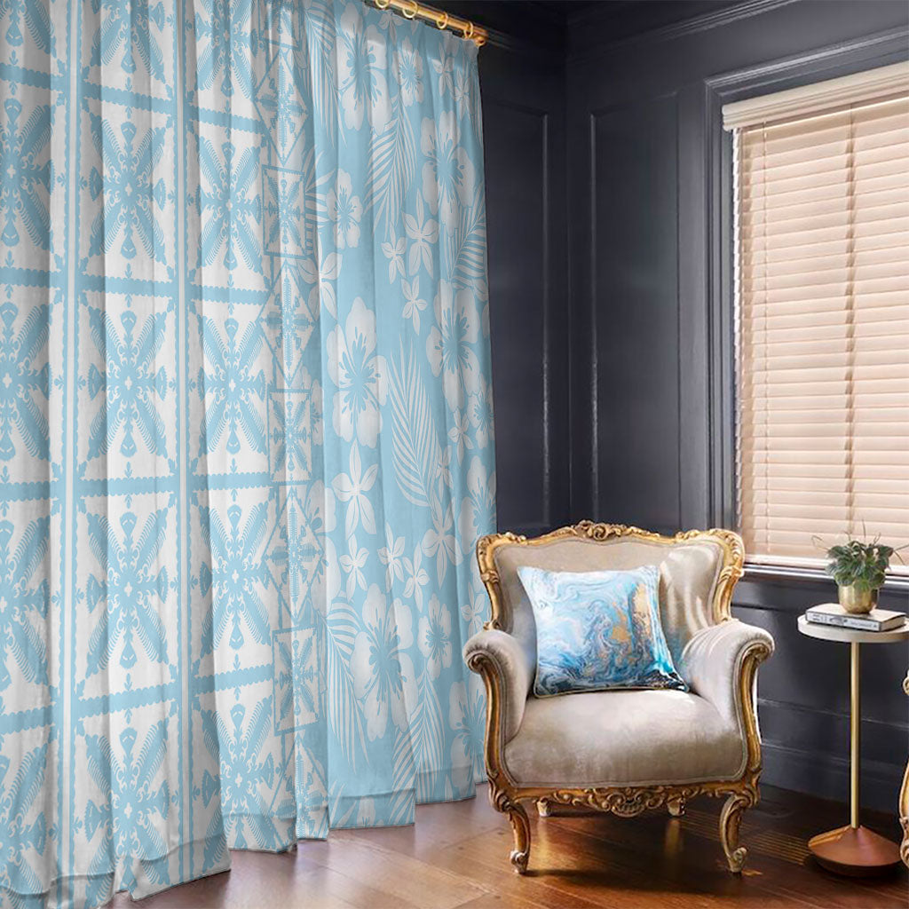 Pastel Blue Kahili Quilt Hawaii Window Curtain Tropical Flower Seamless Half Style