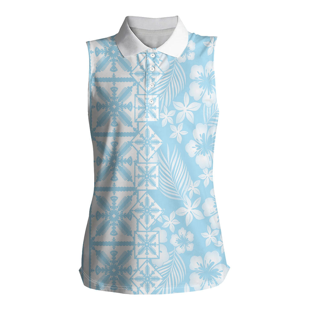 Pastel Blue Kahili Quilt Hawaii Women Sleeveless Polo Shirt Tropical Flower Seamless Half Style