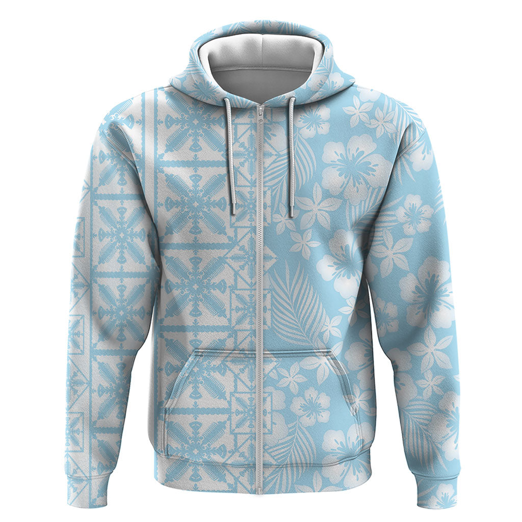 Pastel Blue Kahili Quilt Hawaii Zip Hoodie Tropical Flower Seamless Half Style