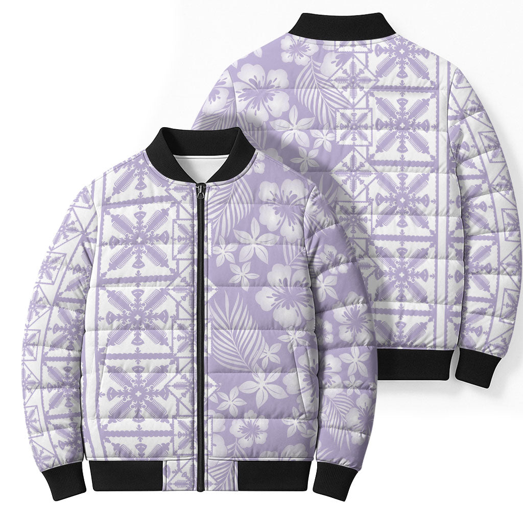 Pastel Purple Kahili Quilt Hawaii Bomber Puffer Jacket Tropical Flower Seamless Half Style